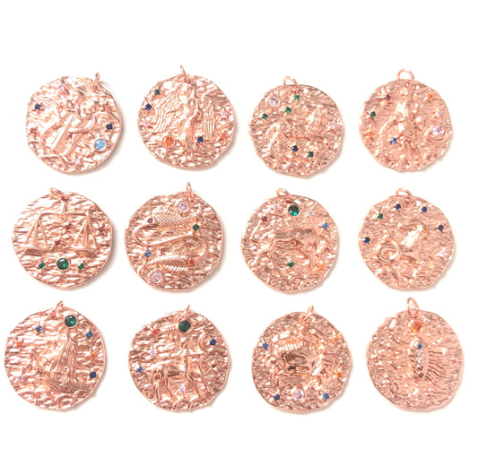 12pcs/lot 24mm CZ Paved Zodiac Charms-Rose Gold CZ Paved Charms Zodiac Charms Beads Beyond