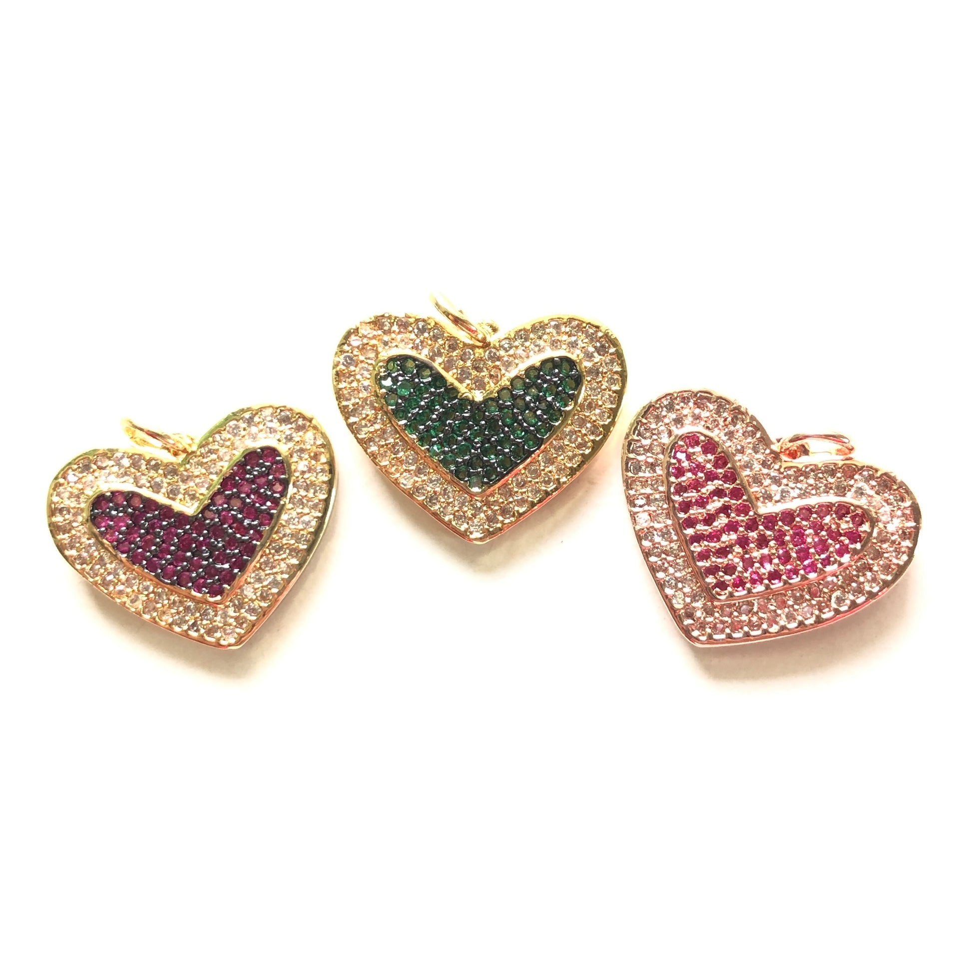 5pcs/lot 20.7*16.5mm CZ Paved Fuchsia & Green Heart Charm Pendants CZ Paved Charms Colorful Zirconia Hearts Charms Beads Beyond