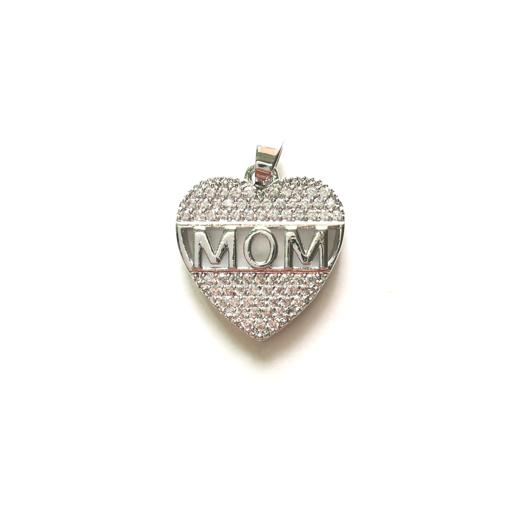 10pcs/lot 18*17mm CZ Paved Mom Charms for Mother's Day Silver CZ Paved Charms Hearts Mother's Day Charms Beads Beyond