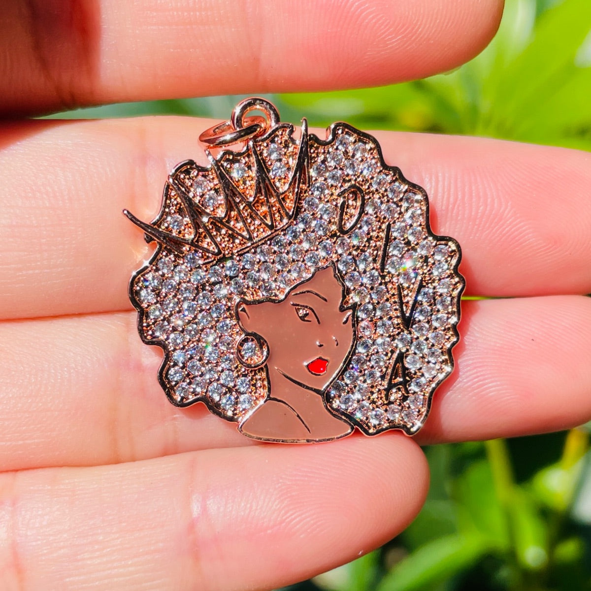 10pcs/lot 29*28mm CZ Paved Crown Diva Afro Girl Charms Rose Gold CZ Paved Charms Afro Girl/Queen Charms Charms Beads Beyond