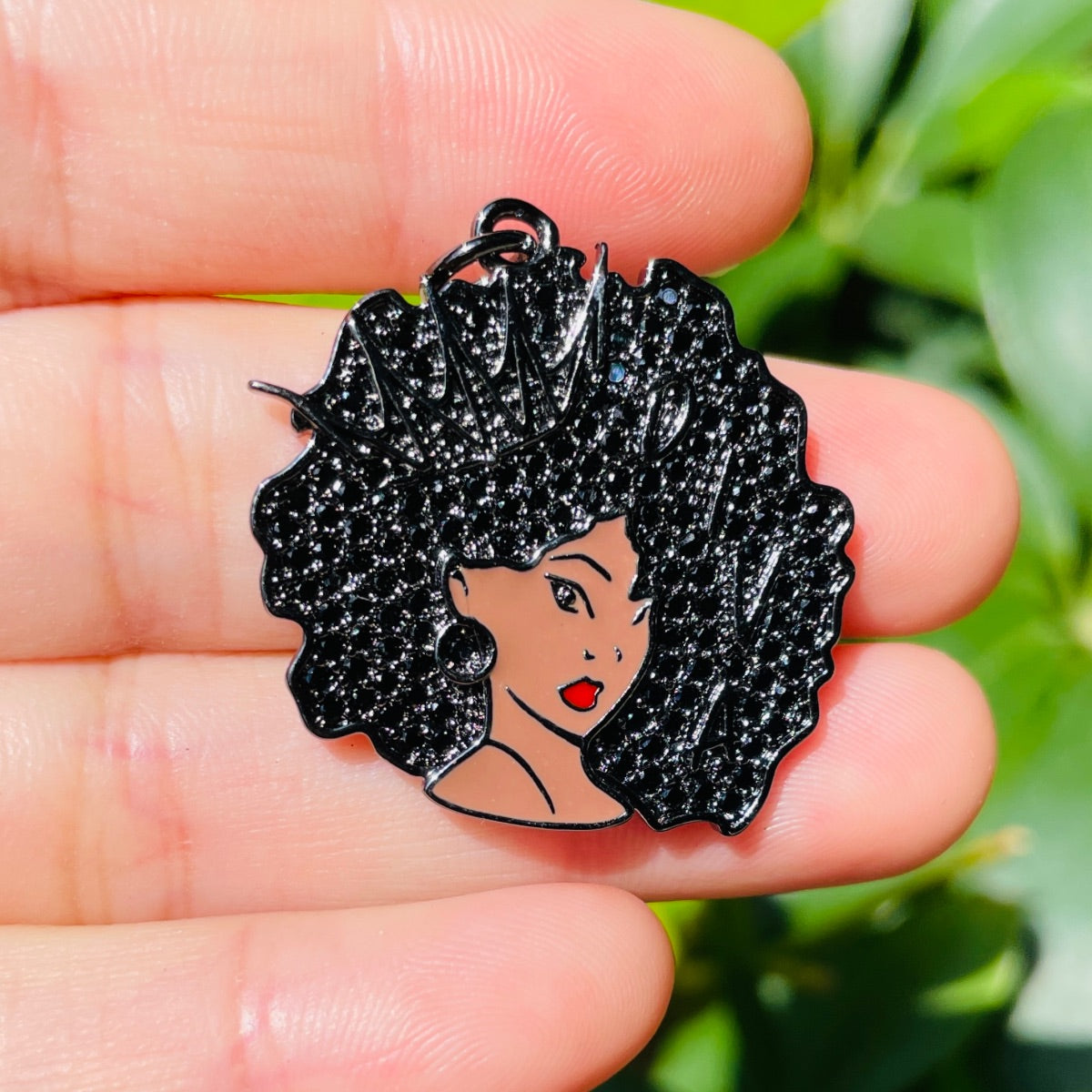10pcs/lot 29*28mm CZ Paved Crown Diva Afro Girl Charms Black on Black CZ Paved Charms Afro Girl/Queen Charms Charms Beads Beyond