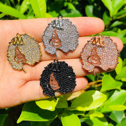10pcs/lot 30*27mm CZ Afro Girl Black Queen Charm Pendants Mix Colors CZ Paved Charms Afro Girl/Queen Charms On Sale Charms Beads Beyond