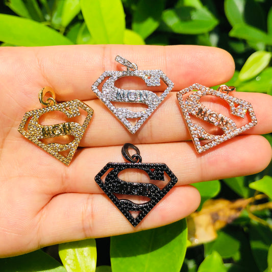 10pcs/lot 25*20mm CZ Paved Super Mom Charms Mix Color CZ Paved Charms Mother's Day On Sale Charms Beads Beyond