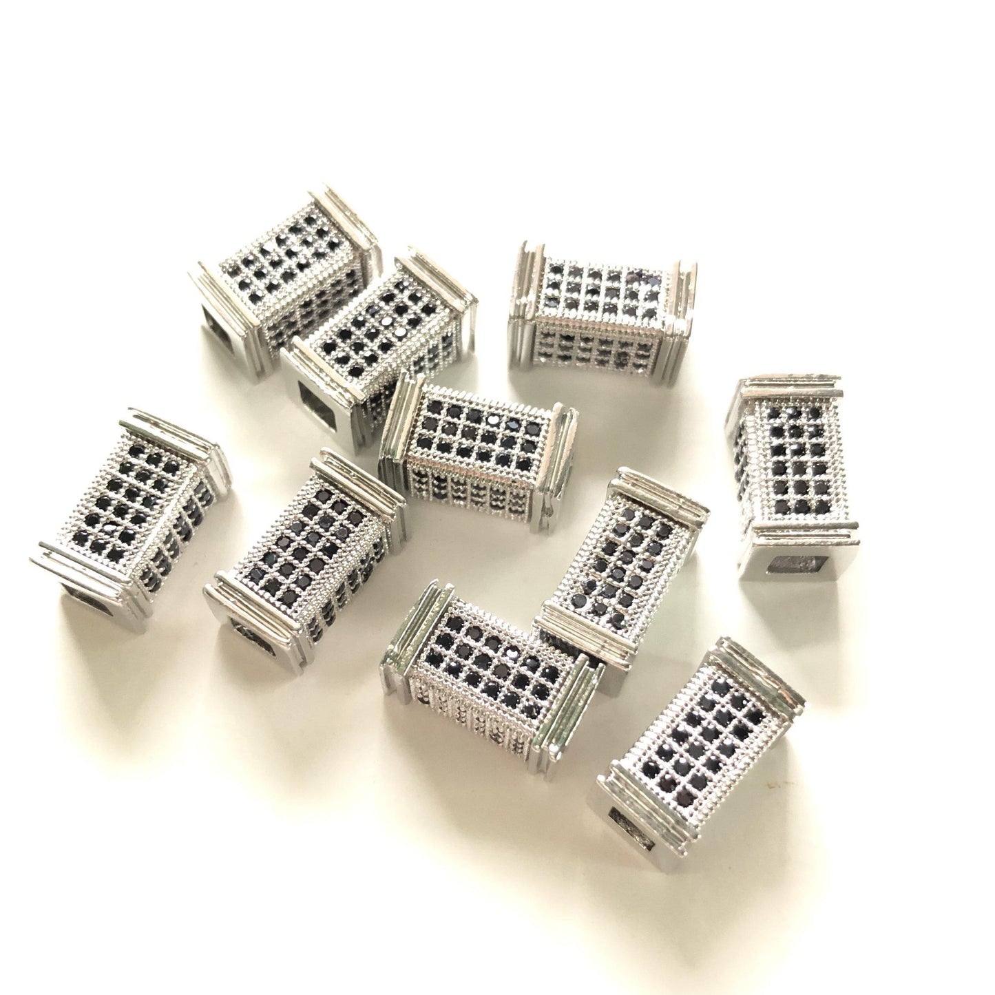 10-20-50pcs/lot 12*6.5mm Black CZ Paved Cuboid Centerpiece Spacers Silver CZ Paved Spacers Cuboid Spacers Charms Beads Beyond