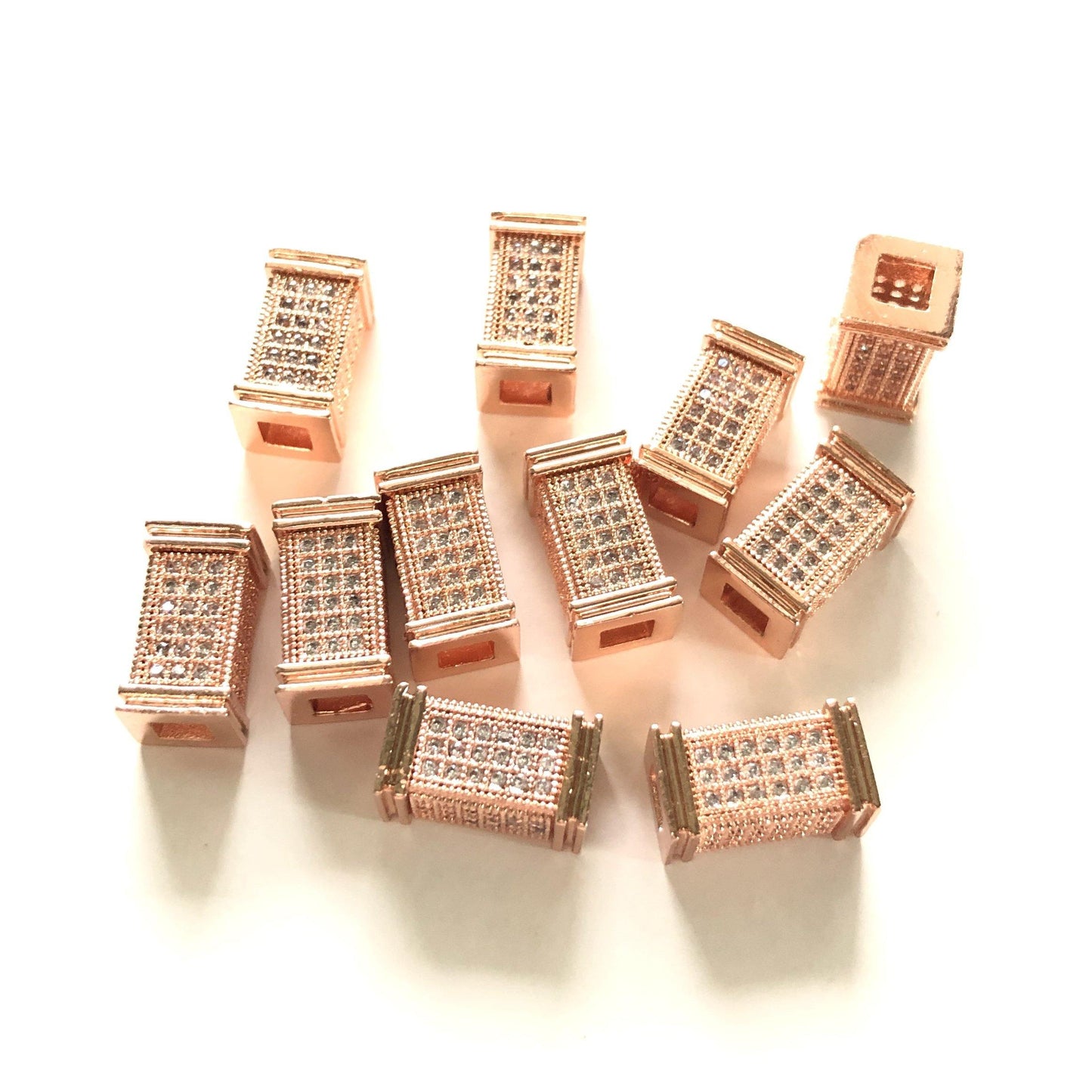 10-20-50pcs/lot 12*6.5mm Clear CZ Paved Cuboid Centerpiece Spacers Rose Gold CZ Paved Spacers Cuboid Spacers Charms Beads Beyond