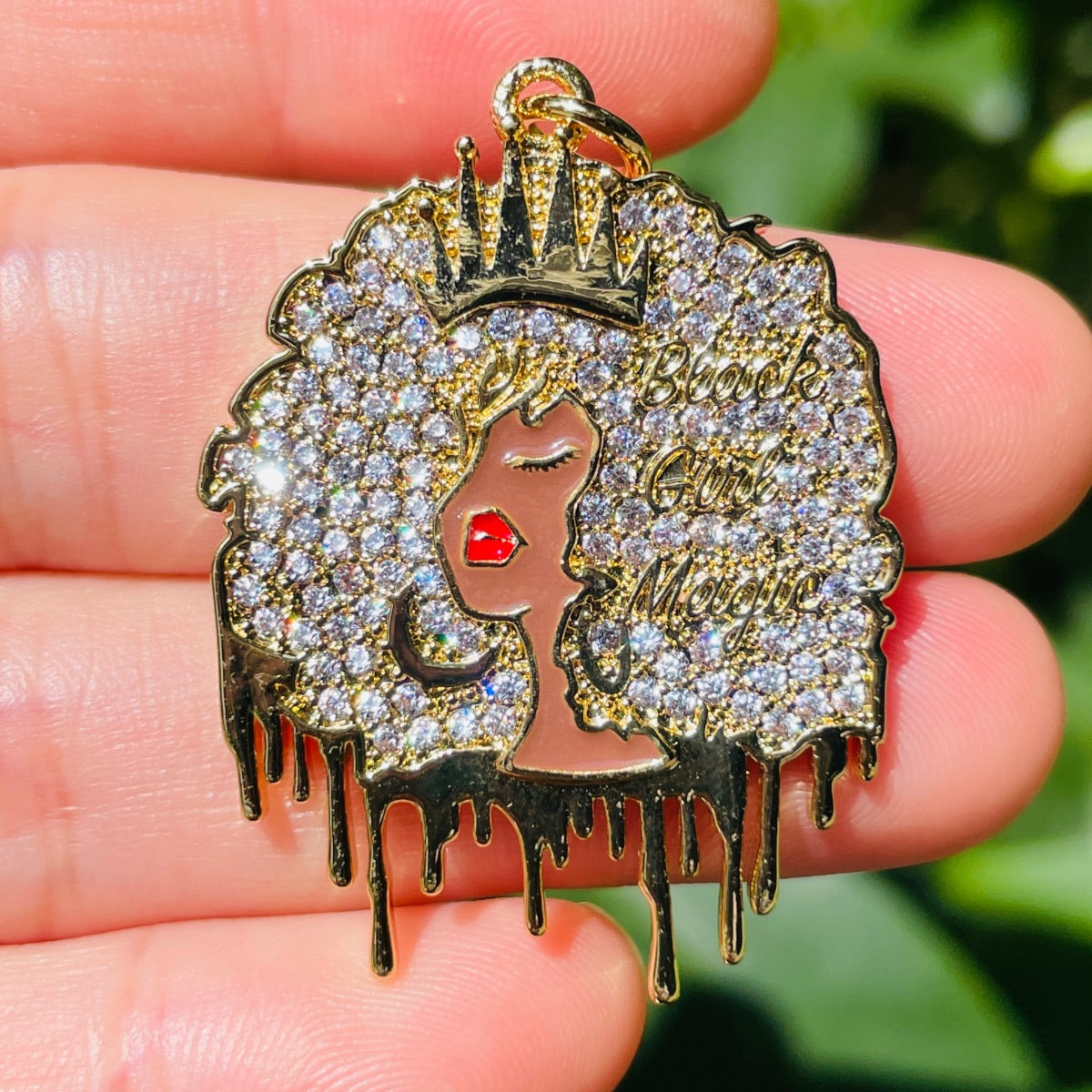 10pcs/lot 37.7**28mm CZ Paved Black Girl Magic Afro Girl Charms Gold CZ Paved Charms Afro Girl/Queen Charms New Charms Arrivals Charms Beads Beyond