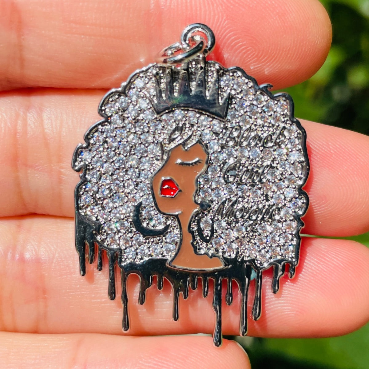 10pcs/lot 37.7**28mm CZ Paved Black Girl Magic Afro Girl Charms Silver CZ Paved Charms Afro Girl/Queen Charms New Charms Arrivals Charms Beads Beyond