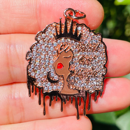 10pcs/lot 37.7**28mm CZ Paved Black Girl Magic Afro Girl Charms Rose Gold CZ Paved Charms Afro Girl/Queen Charms New Charms Arrivals Charms Beads Beyond