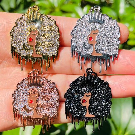 10pcs/lot 37.7**28mm CZ Paved Black Girl Magic Afro Girl Charms Mix Colors CZ Paved Charms Afro Girl/Queen Charms New Charms Arrivals Charms Beads Beyond