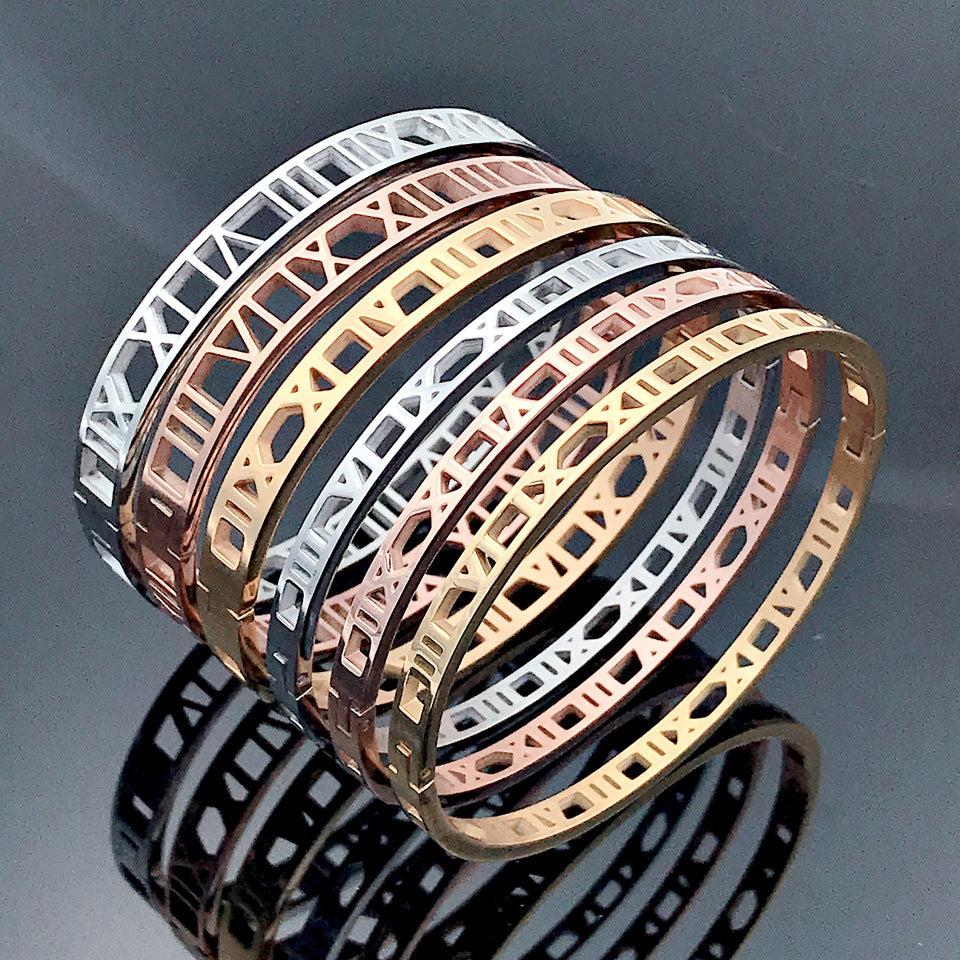 5pcs/lot Hollow Roman Numeral Stainless Steel Bangle for Women & Men Women & Men Bracelets Charms Beads Beyond