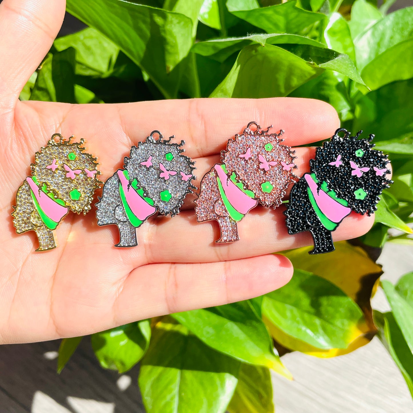 10pcs/lot 36*31mm CZ Pave Afro Girl With Pink & Green Headband Charms CZ Paved Charms Afro Girl/Queen Charms Charms Beads Beyond