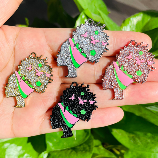 10pcs/lot 36*31mm CZ Pave Afro Girl With Pink & Green Headband Charms Mix Colors CZ Paved Charms Afro Girl/Queen Charms Charms Beads Beyond