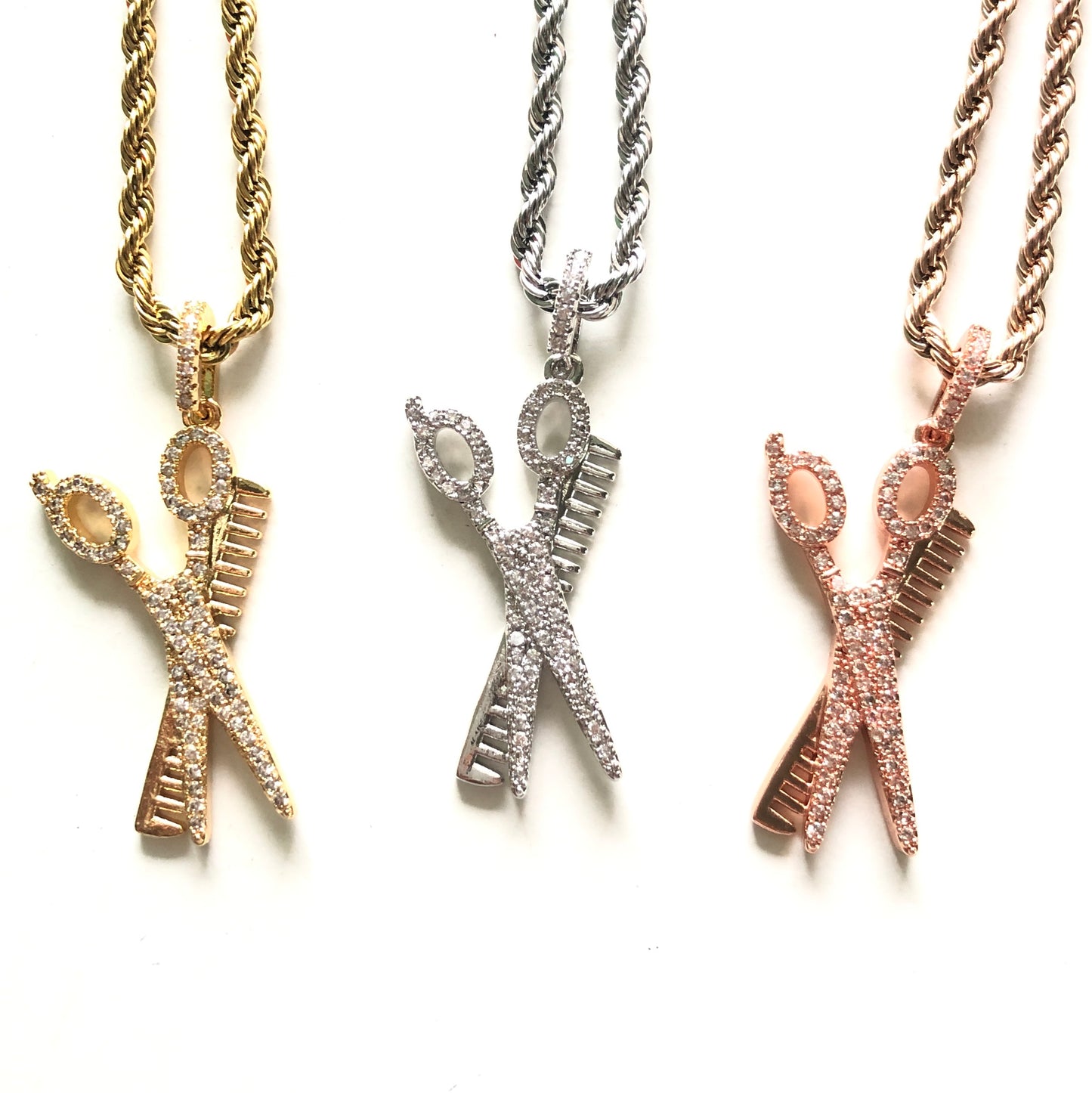 5pcs/lot 18/20/24 inch Stainless Rope Chain CZ Paved Scissor Comb Necklace Mix Colors Necklaces Charms Beads Beyond