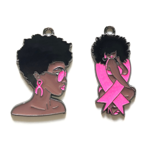 10pcs/lot Afro Black Girl Pink Ribbon Breast Cancer Awareness Charm Mix Styles Enamel Afro Charms Breast Cancer Awareness Charms Beads Beyond