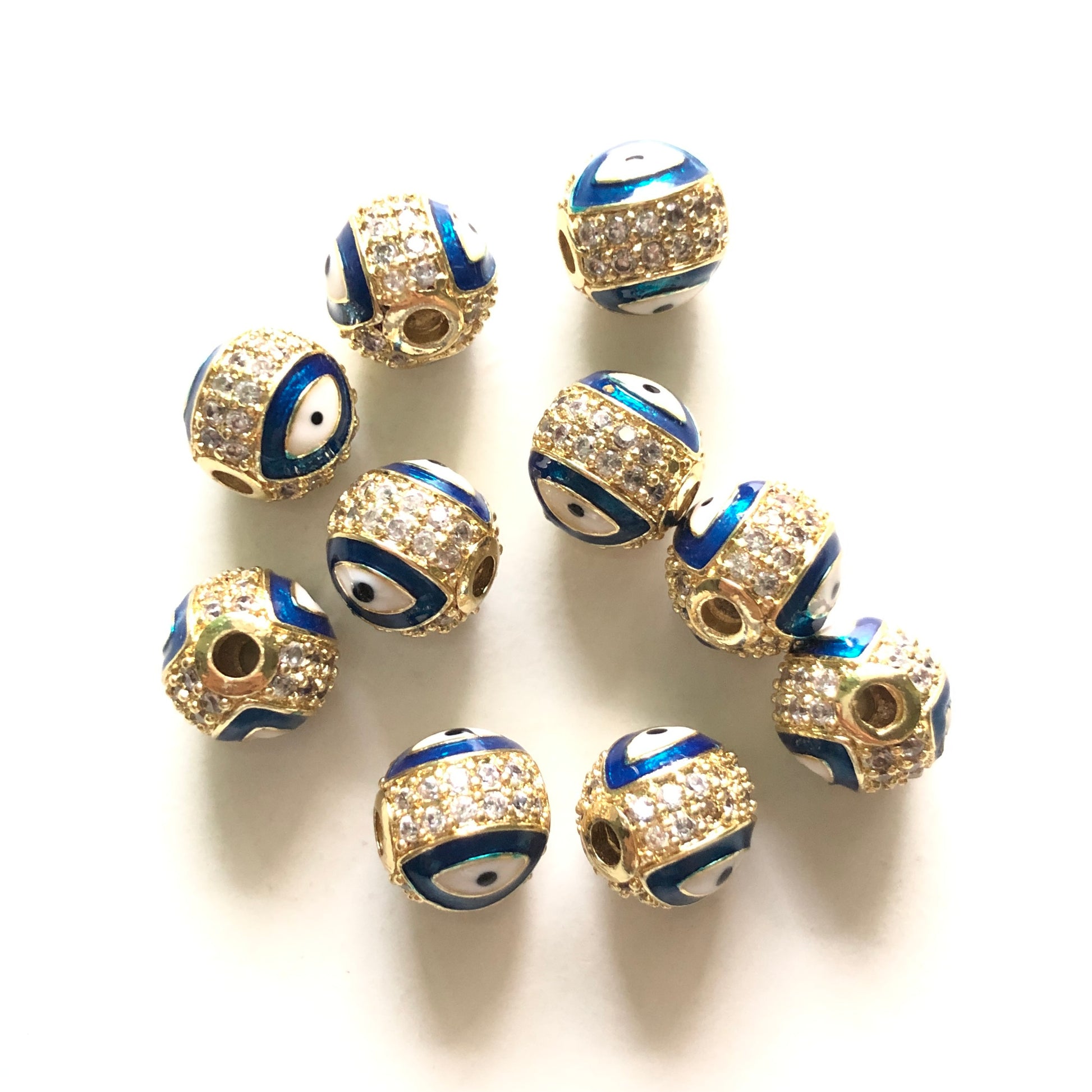 10pcs/lot 10mm CZ Paved Gold Evil Eye Ball Spacers Beads Blue CZ Paved Spacers 10mm Beads Ball Beads New Spacers Arrivals Charms Beads Beyond