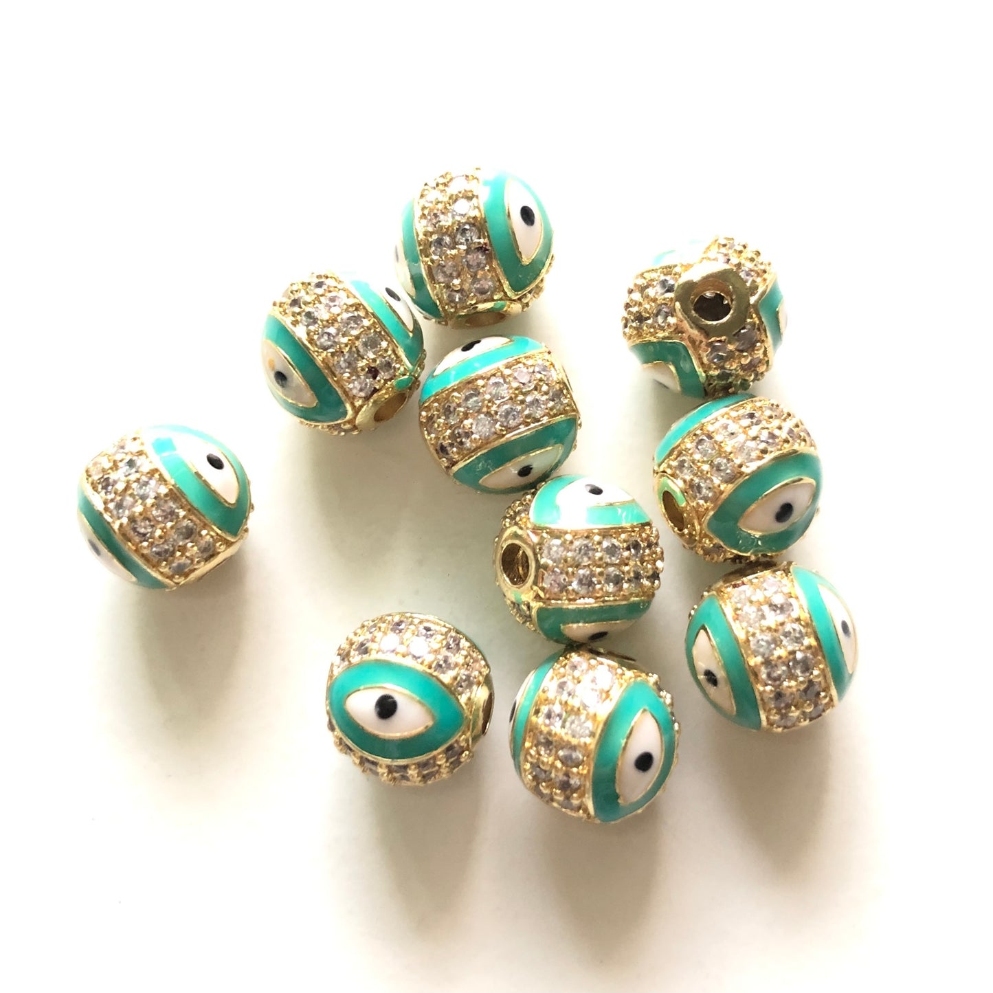 10pcs/lot 10mm CZ Paved Gold Evil Eye Ball Spacers Beads Green CZ Paved Spacers 10mm Beads Ball Beads New Spacers Arrivals Charms Beads Beyond