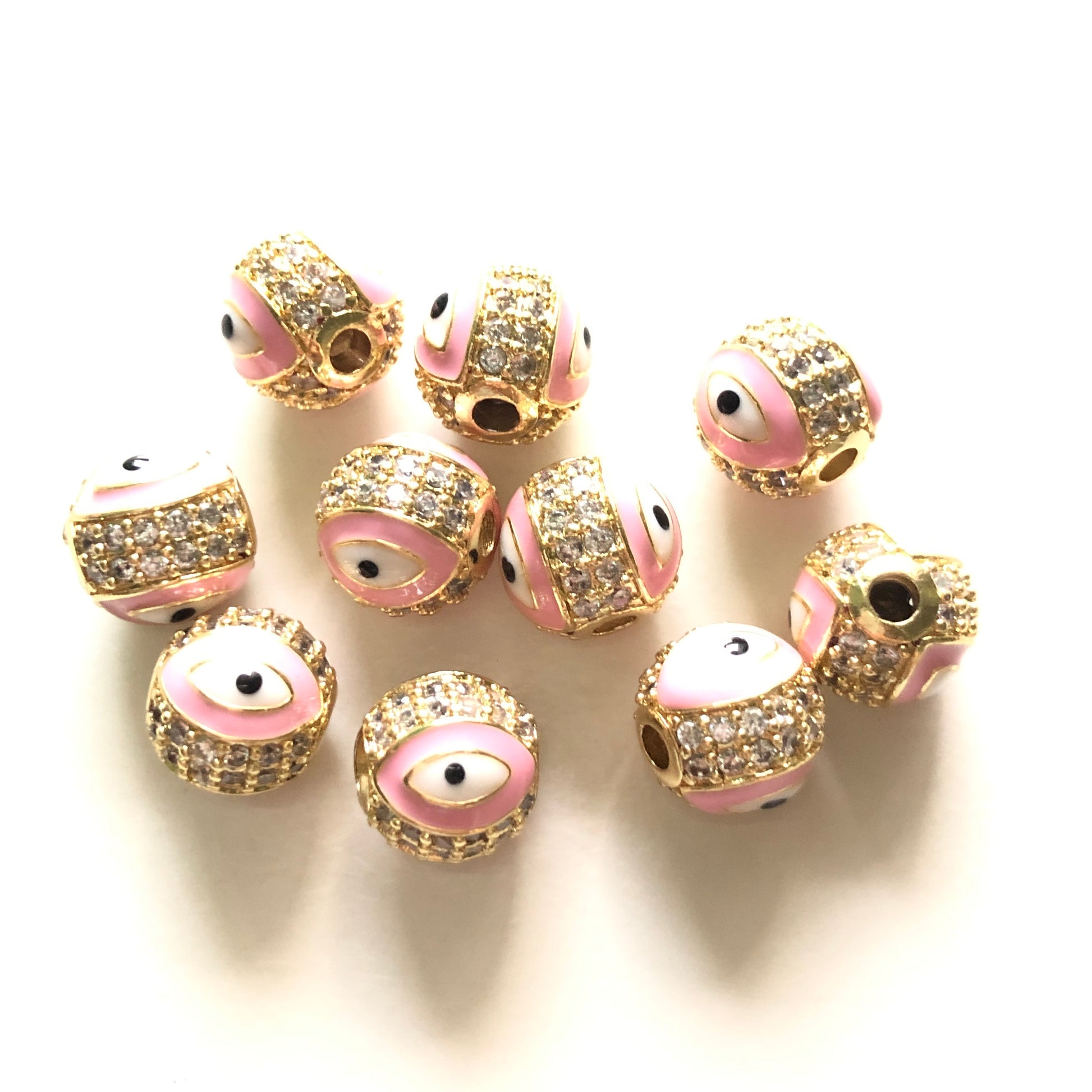 10pcs/lot 10mm CZ Paved Gold Evil Eye Ball Spacers Beads Pink CZ Paved Spacers 10mm Beads Ball Beads New Spacers Arrivals Charms Beads Beyond