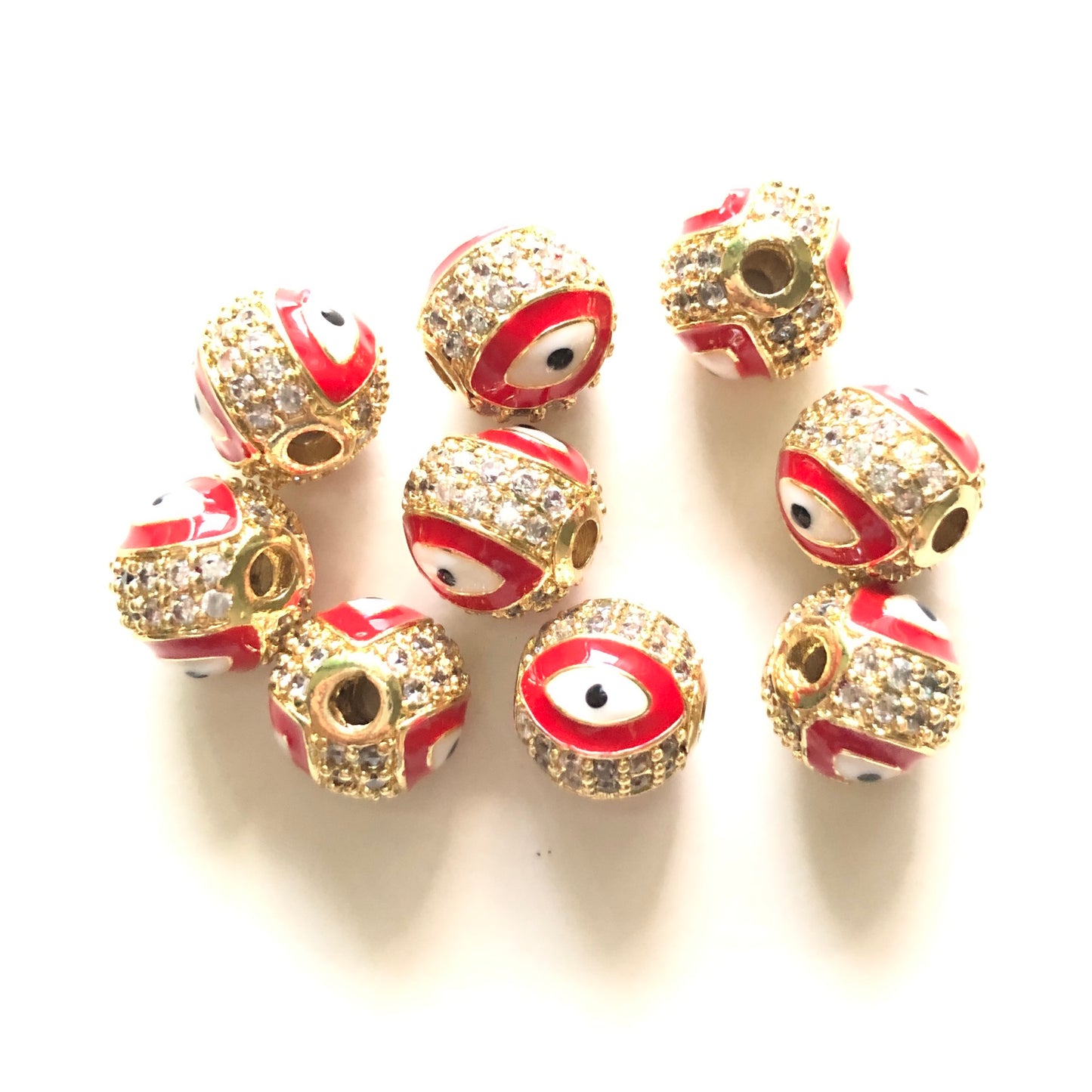 10pcs/lot 10mm CZ Paved Gold Evil Eye Ball Spacers Beads Red CZ Paved Spacers 10mm Beads Ball Beads New Spacers Arrivals Charms Beads Beyond