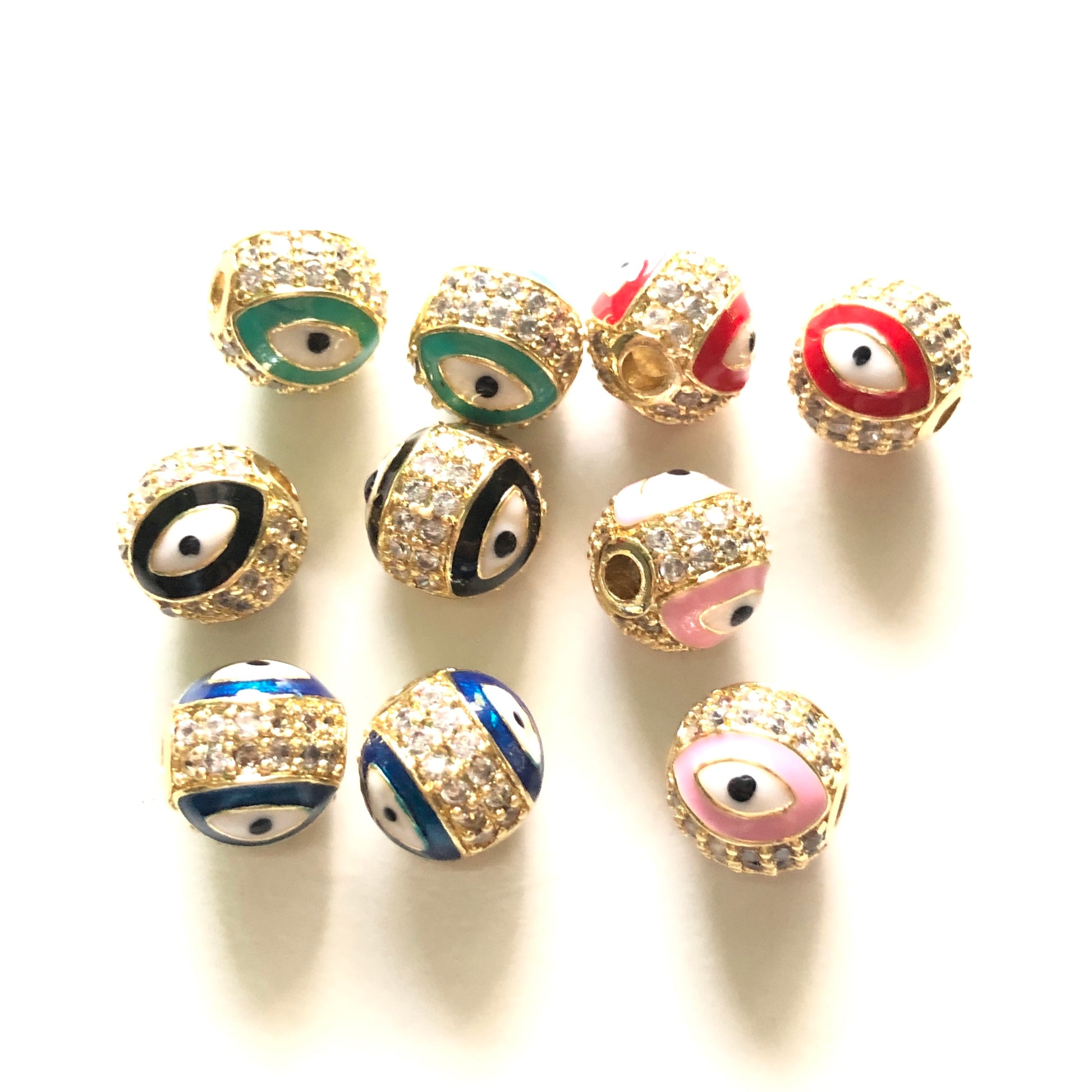 10pcs/lot 10mm CZ Paved Gold Evil Eye Ball Spacers Beads Mix Colors CZ Paved Spacers 10mm Beads Ball Beads New Spacers Arrivals Charms Beads Beyond