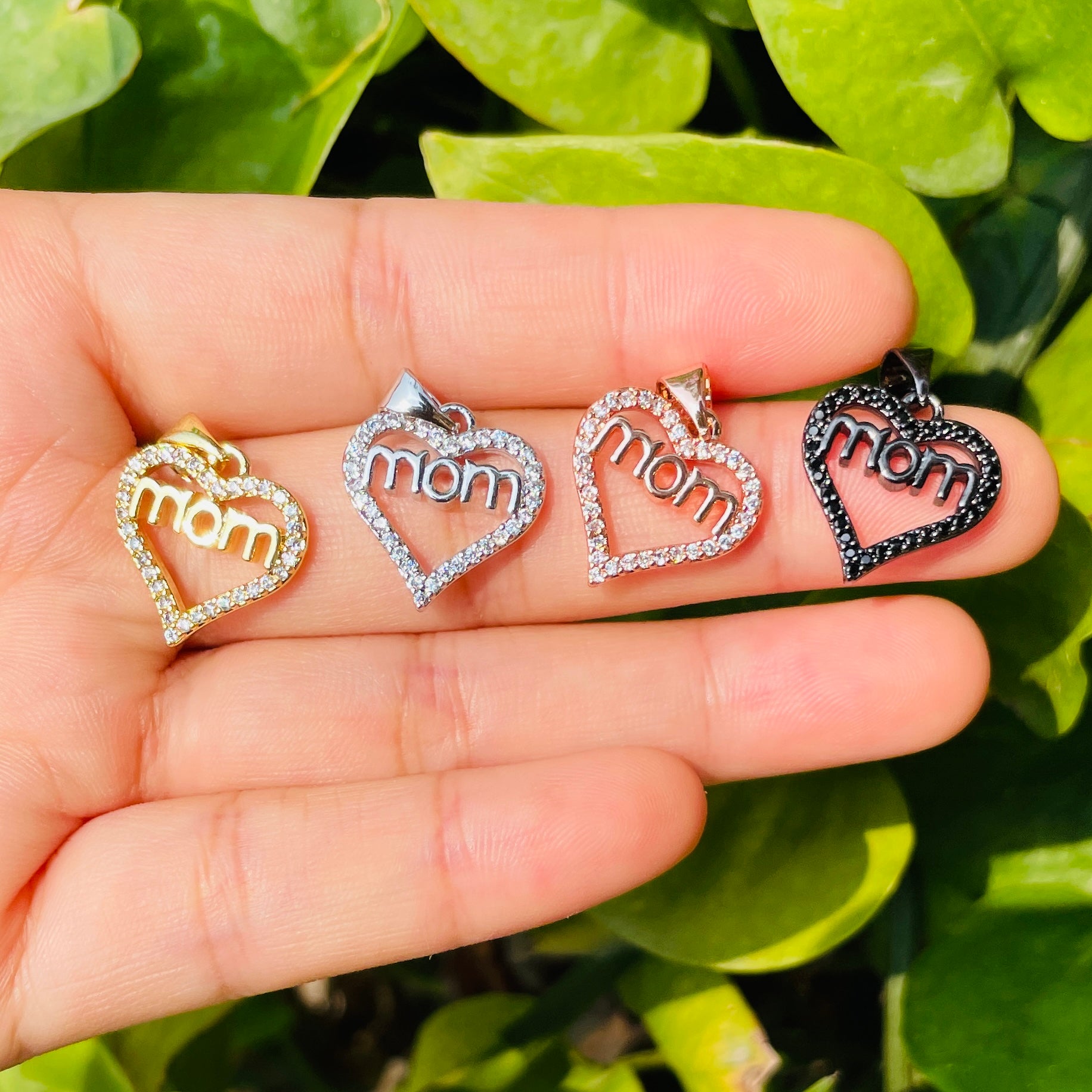 10pcs/lot 16*15.5mm CZ Paved Mom Charms for Mother's Day Mix Colors CZ Paved Charms Hearts Mother's Day Charms Beads Beyond