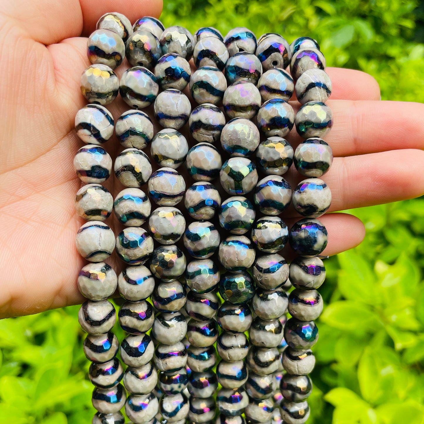 10mm Electroplated AB Black Stripe Gray Faceted Tibetan Agate Stone Beads Electroplated Beads Electroplated Tibetan Beads New Beads Arrivals Charms Beads Beyond