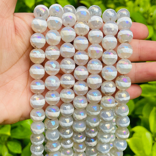 10mm Electroplated AB White Stripe Clear Faceted Tibetan Agate Stone Beads Electroplated Beads Electroplated Tibetan Beads New Beads Arrivals Charms Beads Beyond