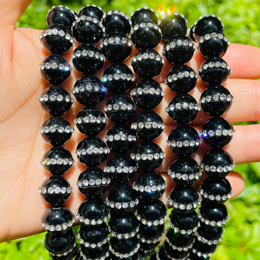 10mm Rhinestone Inlaid Black Onyx Agate Stone Beads Rhinestone Inlaid Beads Charms Beads Beyond
