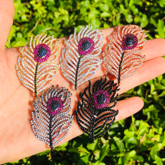 5pcs/lot 45*28mm CZ Paved Peacock Feather Charms Mix Color CZ Paved Charms Feathers Large Sizes Charms Beads Beyond
