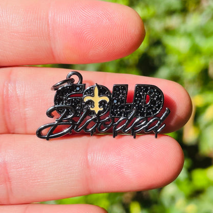 10pcs/lot 33*16.5mm Fleur De Lis CZ Saints Gold Blooded Word Charms Black on Black CZ Paved Charms American Football Sports Louisiana Inspired New Charms Arrivals Charms Beads Beyond
