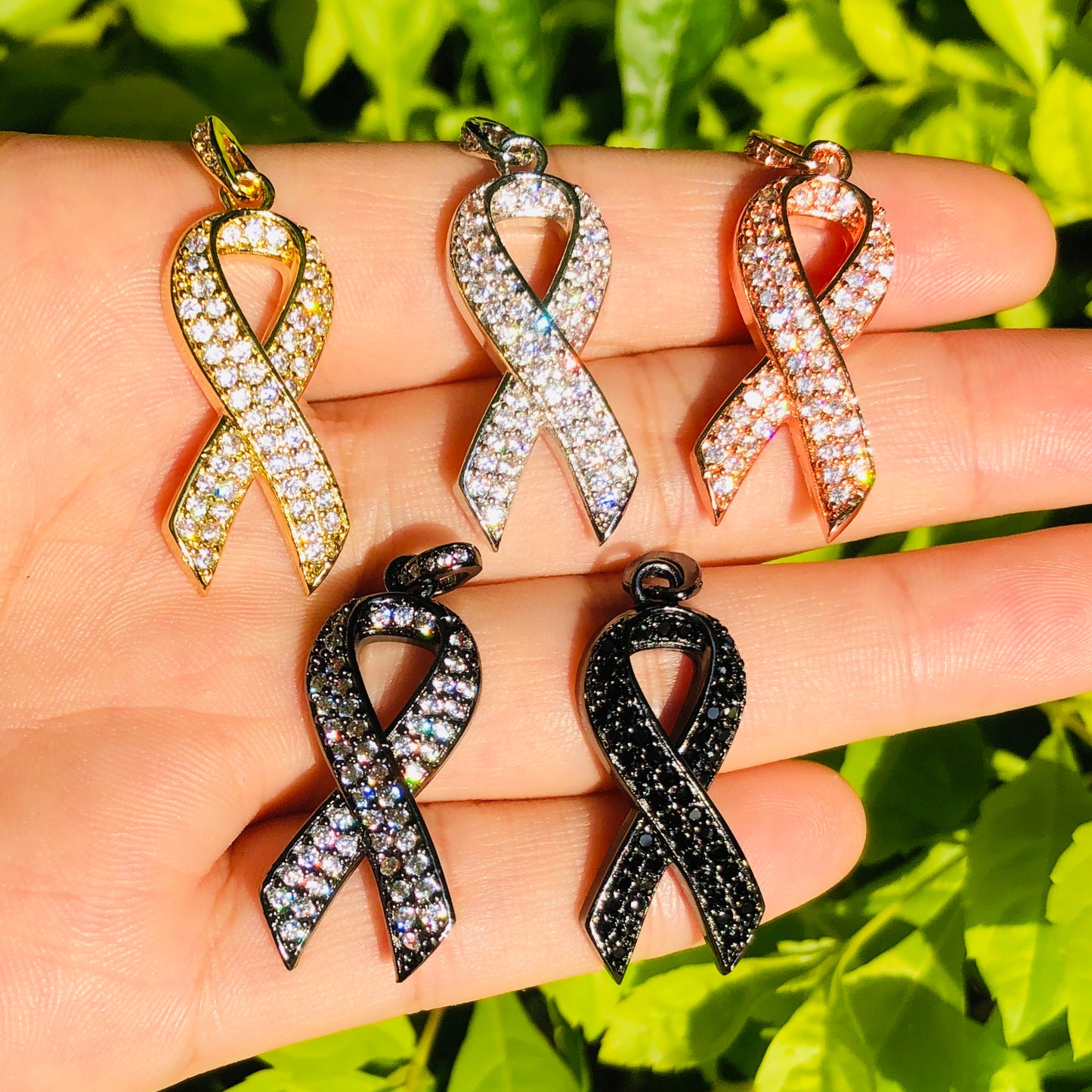 10pcs/lot 27*13mm CZ Paved Pink Ribbon Breast Cancer Awareness Charms Mix Color CZ Paved Charms Breast Cancer Awareness Charms Beads Beyond
