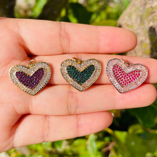 5pcs/lot 20.7*16.5mm CZ Paved Fuchsia & Green Heart Charm Pendants Mix Colors CZ Paved Charms Colorful Zirconia Hearts Charms Beads Beyond