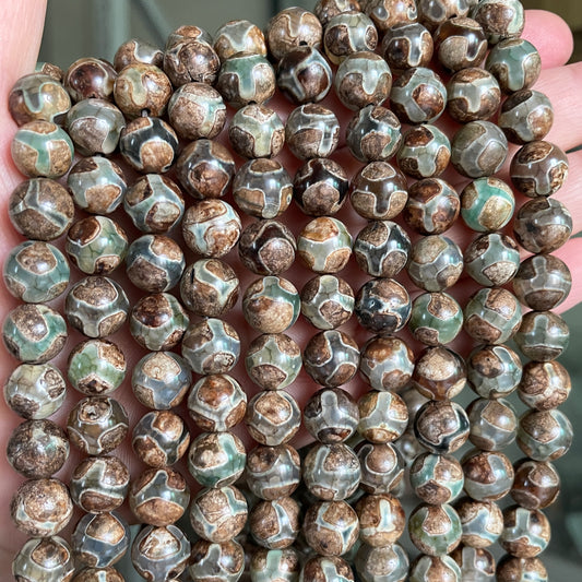 10mm Vintage Green Brown Football Print Tibetan Agate Round Stone Beads Stone Beads New Beads Arrivals Tibetan Beads Charms Beads Beyond
