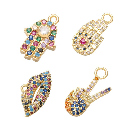 10pcs/lot CZ Paved Colorful Hamsa and Lip Charms Mix Style CZ Paved Charms Fashion Charms Beads Beyond