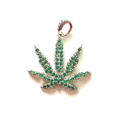5pcs/lot 25*21.5mm Green CZ Paved Cannabis Leaf Plant Charms Green on Silver CZ Paved Charms Colorful Zirconia Flowers Charms Beads Beyond