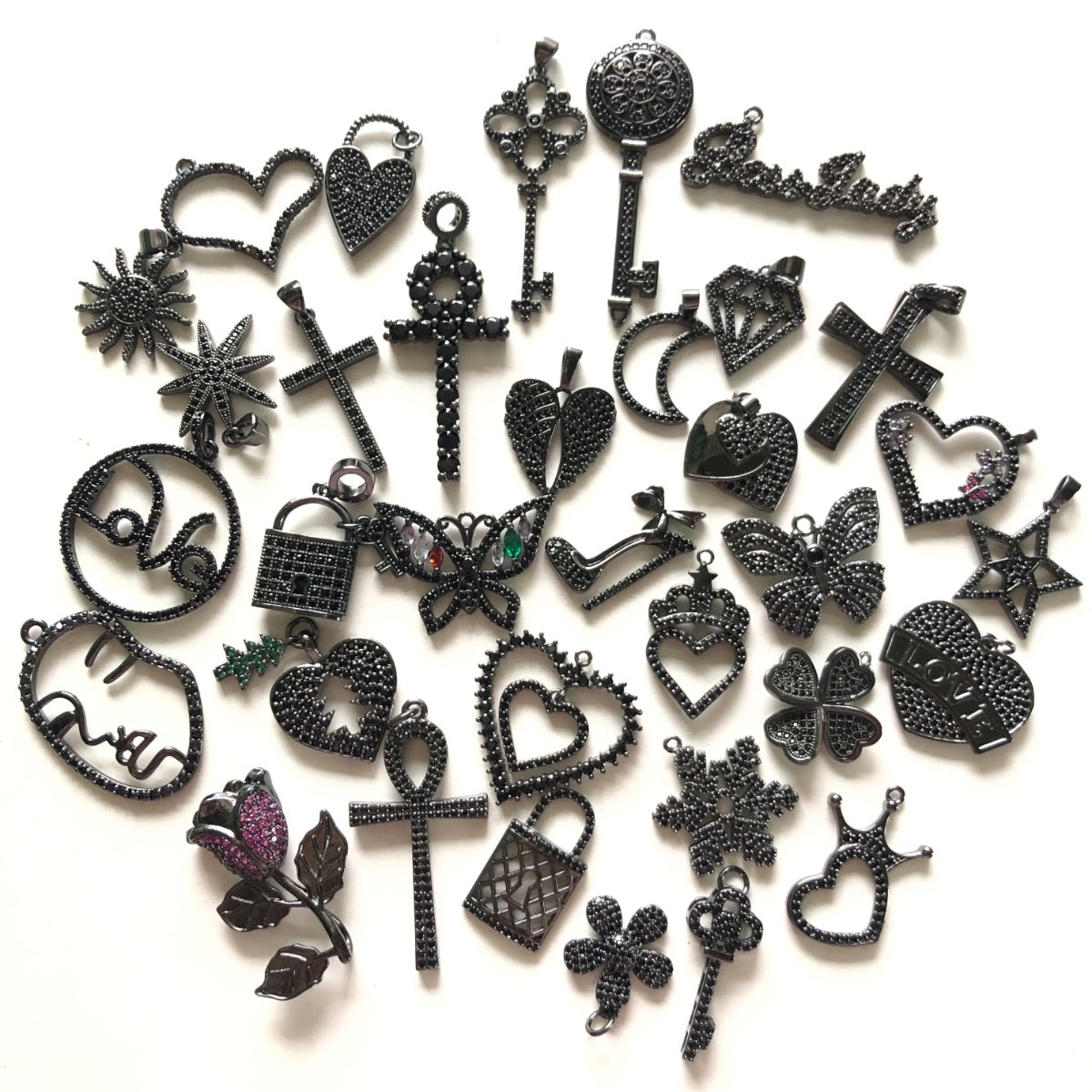 30/50/100pcs/lot Mix Random CZ Pave Charms Bundles-Black on Black 100pcs-Mix Ramdon CZ Paved Charms On Sale Charms Beads Beyond