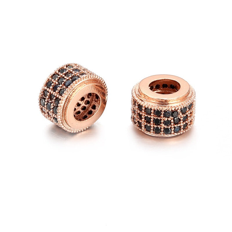 20pcs/lot Black CZ Paved Cylinder Rondelle Spacers Rose Gold CZ Paved Spacers Rondelle Beads Charms Beads Beyond