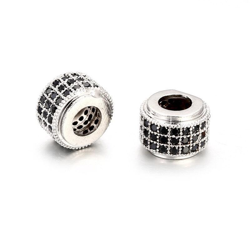 20pcs/lot Black CZ Paved Cylinder Rondelle Spacers Silver CZ Paved Spacers Rondelle Beads Charms Beads Beyond