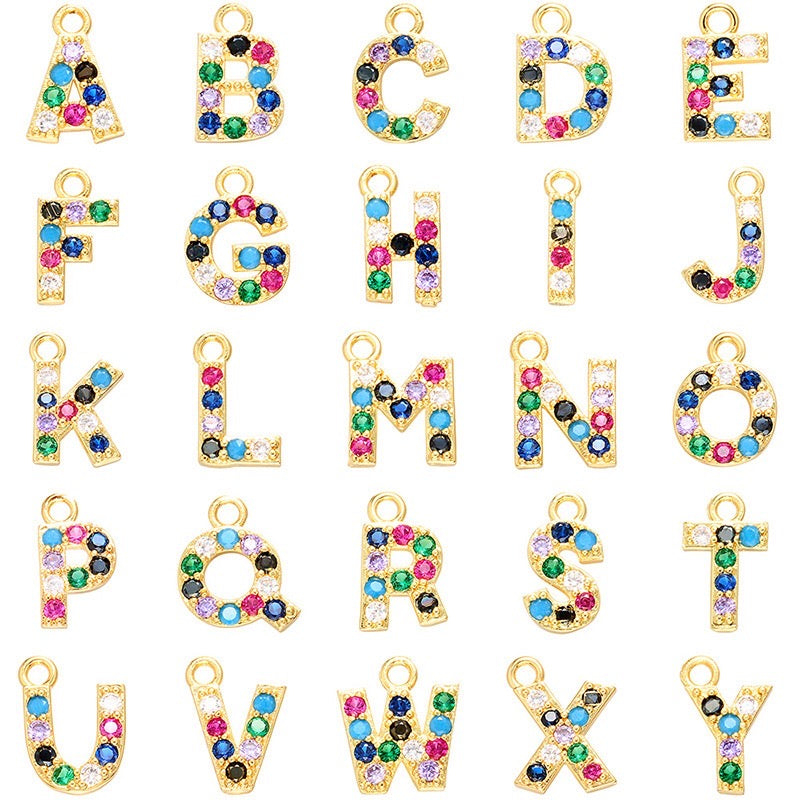 26pcs/lot 10*13mm Multicolor CZ Paved Initial Letter Alphabet Charms Gold-26pcs CZ Paved Charms Colorful Zirconia Initials & Numbers Small Sizes Charms Beads Beyond