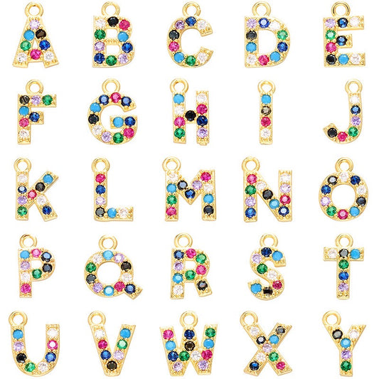 26pcs/lot 10*13mm Multicolor CZ Paved Initial Letter Alphabet Charms Gold-26pcs CZ Paved Charms Colorful Zirconia Initials & Numbers Small Sizes Charms Beads Beyond