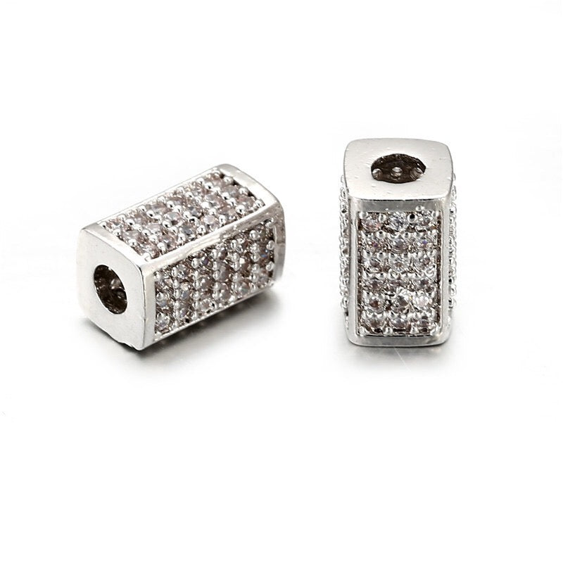 20pcs/lot 10*6mm Clear CZ Paved Cuboid Centerpiece Spacers Silver CZ Paved Spacers Cuboid Spacers Charms Beads Beyond