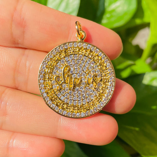 10pcs/lot 28mm CZ Pave Round Plate She Is Fierce Strong Brave Full OF FIRE Quote Charms Gold CZ Paved Charms Discs On Sale Charms Beads Beyond