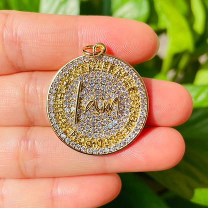 10pcs/lot 28mm CZ Pave Round Plate I am Chosen Fearless Blessed Powerful Quote Charms Gold CZ Paved Charms Discs On Sale Charms Beads Beyond