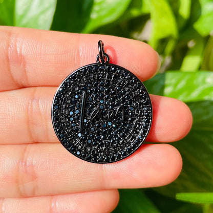 10pcs/lot 28mm CZ Pave Round Plate I am Chosen Fearless Blessed Powerful Quote Charms Black on Black CZ Paved Charms Discs On Sale Charms Beads Beyond