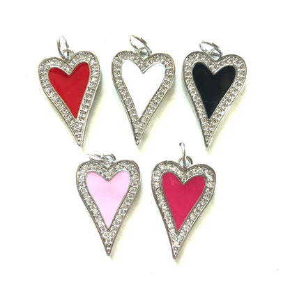 10pcs/lot 23.4*14.6mm Red, Pink, White, Black, Fuchsia Enamel CZ Pave Heart Charms-Silver CZ Paved Charms Hearts New Charms Arrivals Charms Beads Beyond