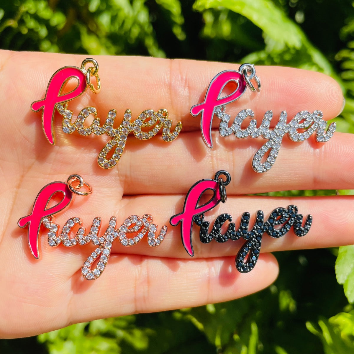 10pcs/lot CZ Paved Pink Ribbon Prayer Charms - Breast Cancer Awareness Mix Colors CZ Paved Charms Breast Cancer Awareness Charms Beads Beyond