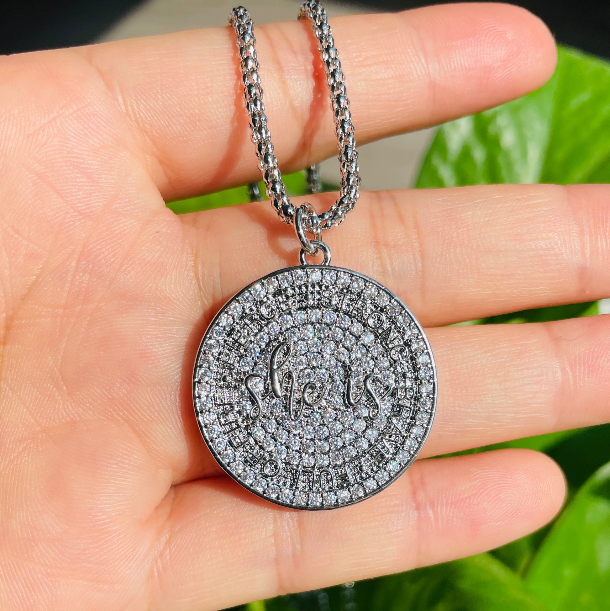 5pcs/lot 18inch CZ Round Plate She Is Fierce Strong Brave Full of Fire Quote Necklace Necklaces Charms Beads Beyond