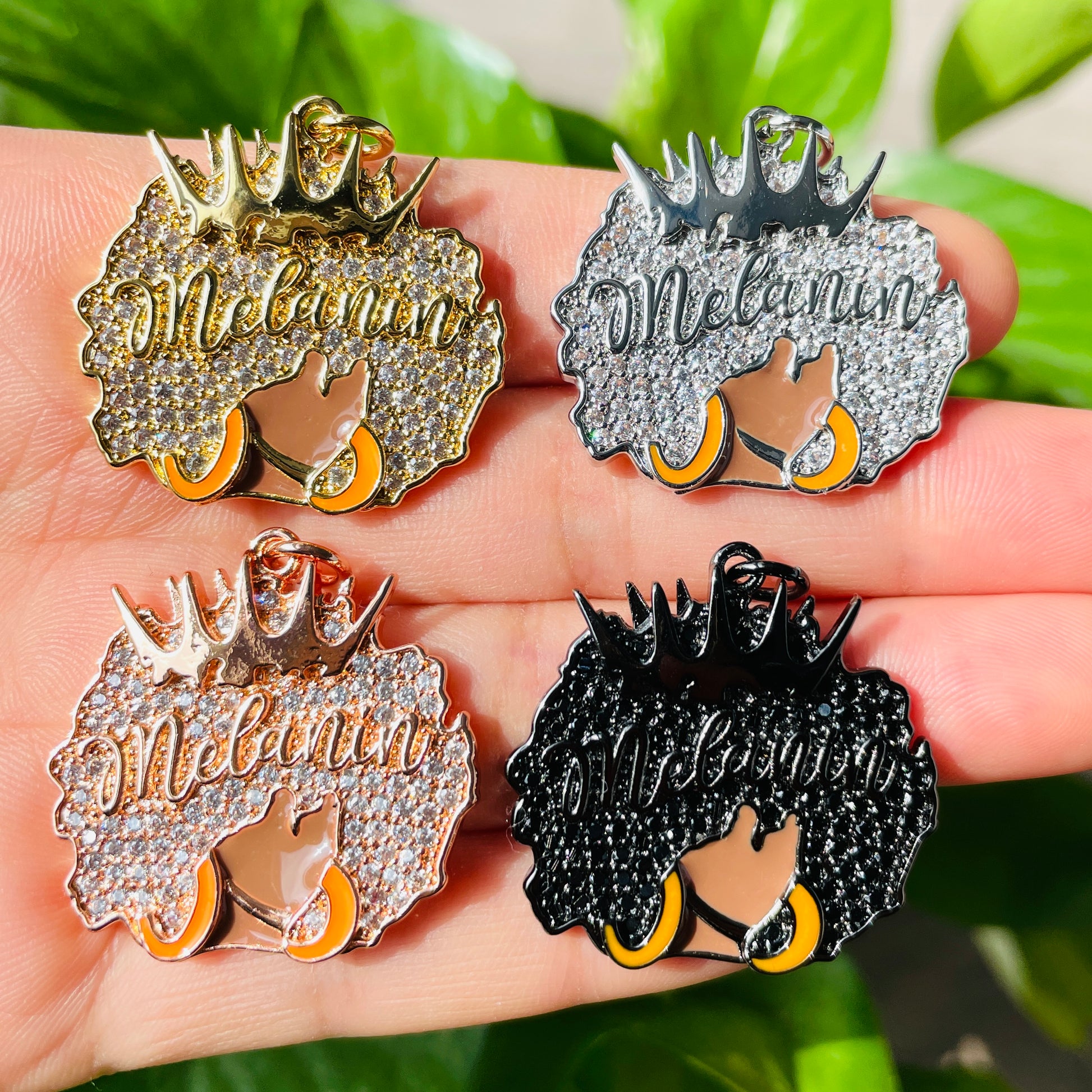 10pcs/lot 29*29mm CZ Paved Crown Queen Melanin Afro Girl Charms Mix Colors CZ Paved Charms Afro Girl/Queen Charms Charms Beads Beyond