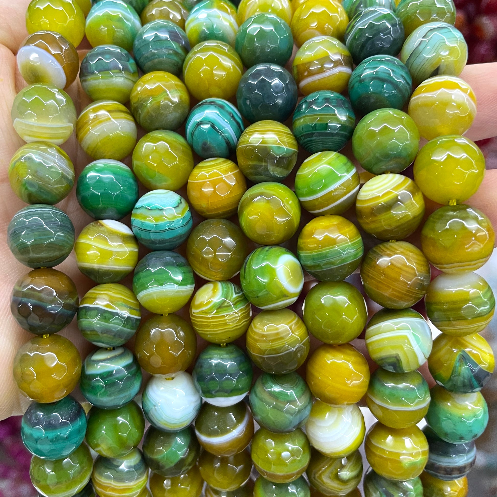 2 Strands/lot 10mm,12mm Green Yellow Banded Agate Faceted Stone Beads Stone Beads 12mm Stone Beads Faceted Agate Beads New Beads Arrivals Charms Beads Beyond