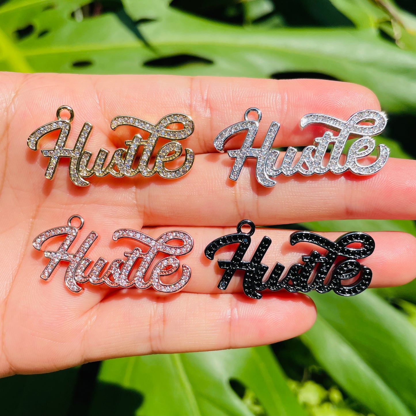10pcs/lot 37.5*18mm CZ Paved Hustle Charms Mix Color CZ Paved Charms On Sale Words & Quotes Charms Beads Beyond