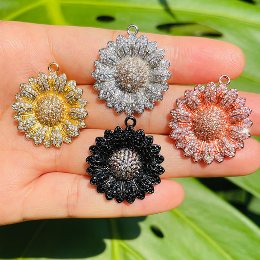 5-10pcs/lot 28.5*26mm Clear/Black + Champagne CZ Paved Sunflower Charms Mix Colors CZ Paved Charms Flowers Charms Beads Beyond
